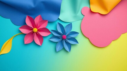 Paper art background with intricate hand-cut flower designs in vibrant colors, with a dominant blue color palette for a banner, paper art, vibrant colors, background