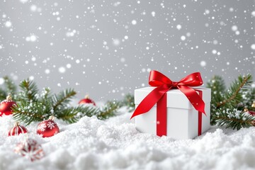 Obraz premium Festive Christmas Gift Surrounded by Snow and Ornaments.