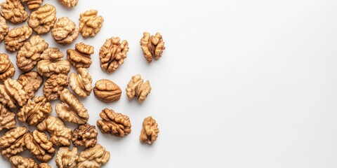 Obraz premium Walnut kernels symbolize the essence of vegan food, showcasing their nutritional benefits and delicious flavor. These walnut kernels on a white background emphasize the vegan food concept.