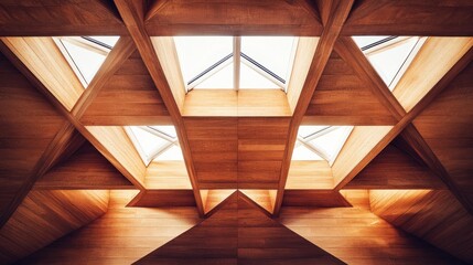 Geometric Wooden Ceiling with Skylights: Architectural Design Marvel