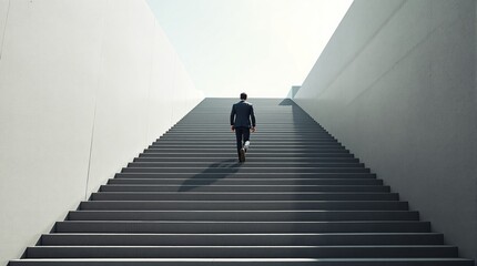 Businessman climbing long staircase in a minimalist architectural environment.