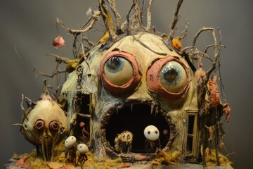 Fototapeta premium A sculpture of an unknown creature with large eyes, suitable for fantasy or sci-fi illustrations