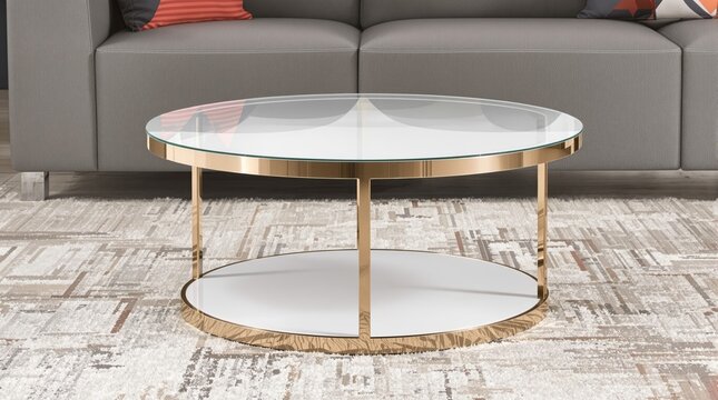 Modern glass coffee table with golden frame on patterned rug in stylish living room. - Powered by Adobe