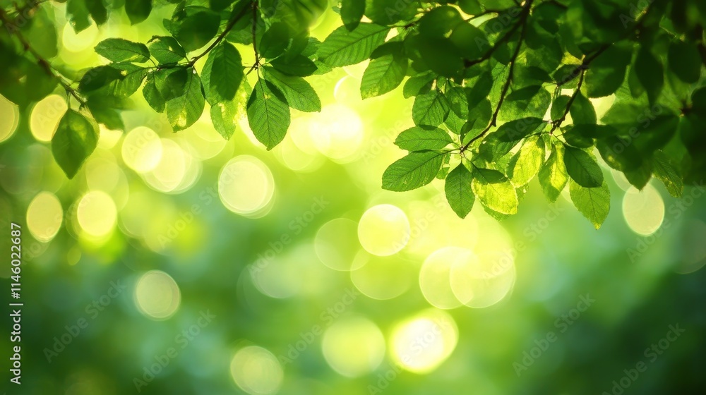 Poster blurred green trees create a serene atmosphere, enhanced by a soft bokeh light background. this ench