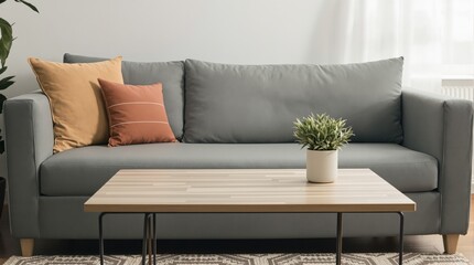 Modern cozy living room interior with gray sofa, colorful pillows, wooden coffee table, and potted plant.
