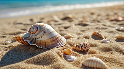 Beautiful summer background with seashell on the sandy beach and blue sea, sunny day. Vacation concept
