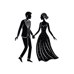 Elegant Couple in Formal Attire Holding Hands - Silhouette Vector Illustration