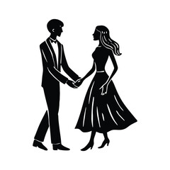 Elegant Couple in Formal Attire Holding Hands - Silhouette Vector Illustration