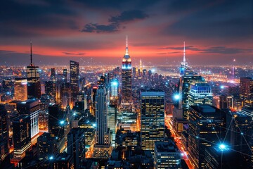 Fototapeta premium Stunning aerial view of a modern city skyline at sunset with lights and connections.