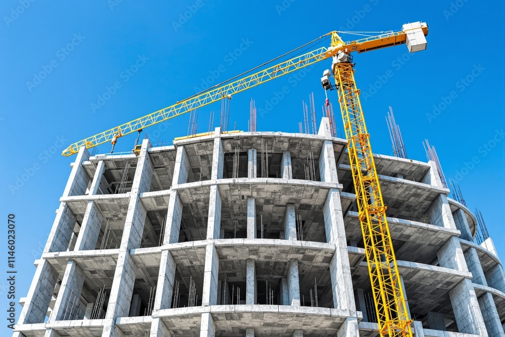 Poster construction site with crane operating on a building structure.