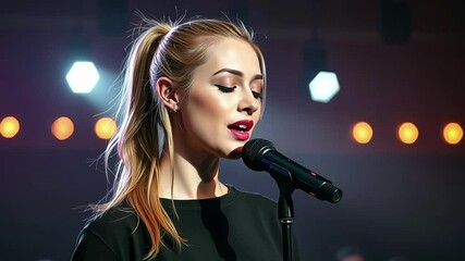 a woman with light skin and blonde hair tied in a ponytail, standing on a stage - Powered by Adobe