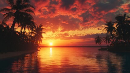 Majestic burning skies create a stunning sunset in this paradise, showcasing the vibrant colors of nature s beauty during the evening, perfect for those seeking a serene and picturesque scene.
