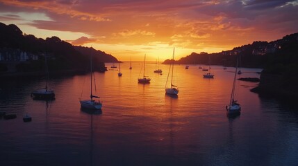 Serene Sunset Over Calm Waters with Sailing Boats in the Harbor