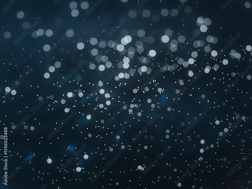 Poster midnight blue background with soft, luminous white points shimmering across the surface. the dots va