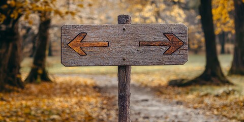 Rustic wooden sign in a vintage style captures the essence of Courage Fear in an autumn park, symbolizing choices and attitudes with arrows indicating opposing directions in a conceptual image.
