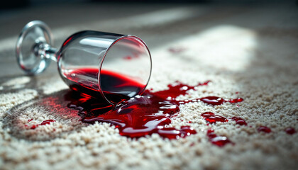 Spilled red wine glass on a white carpet  