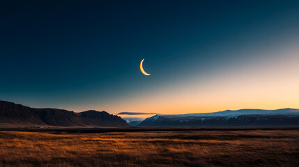 Fototapeta premium Vast landscape under a crescent moon at dusk with mountains in the background