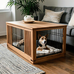 Wooden pet crate with stylish finishes in minimalist home interior.