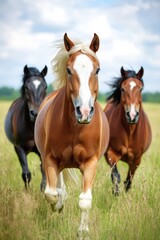 Obraz premium Majestic Horses Galloping Freely Through a Sunny Field of Tall Grass