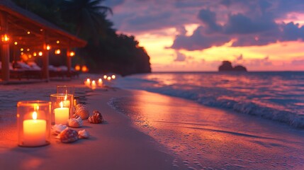 Candlelit dinner by the beach at sunset with gentle waves and serene ambiance