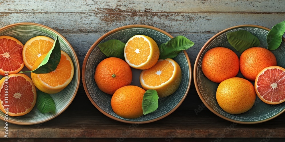 Poster Oranges are artfully arranged in each bowl, showcasing the vibrant colors and textures of the oranges, creating an appealing display that highlights the freshness of the oranges.