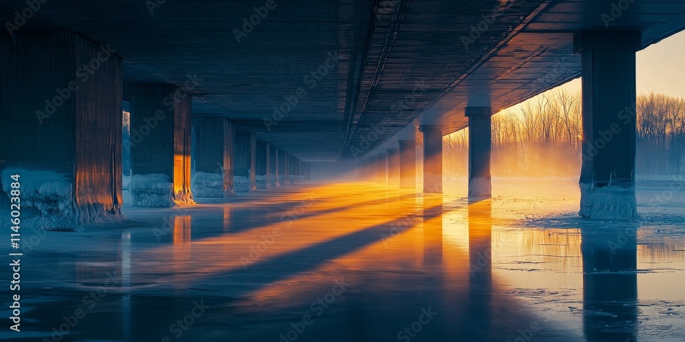 Poster dawn casts beautiful shadows on the ice beneath the bridge, creating a tranquil scene where the brid