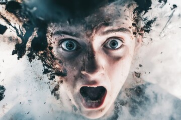 A young man is caught off guard by a sudden burst of smoke, perhaps from a fire or a toxic chemical release