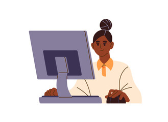 Student learning, studies online with computer. Black girl is on distance education. Teenager communicates, surfing Internet, social networks on the desk. Flat isolated vector illustration on white