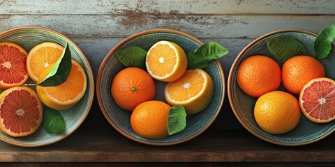 Oranges are artfully arranged in each bowl, showcasing the vibrant colors and textures of the...