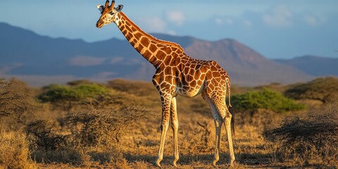 Obraz premium Giraffe standing gracefully in an arid landscape, showcasing the majestic giraffe s long neck and unique spots amidst the natural environment, highlighting the beauty of the giraffe in its habitat.