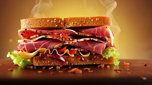 a hot delicious sandwich with ham and cheese on a brown background