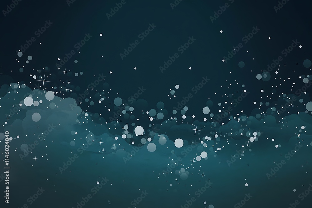 Poster midnight blue background with soft, luminous white points shimmering across the surface. the dots va