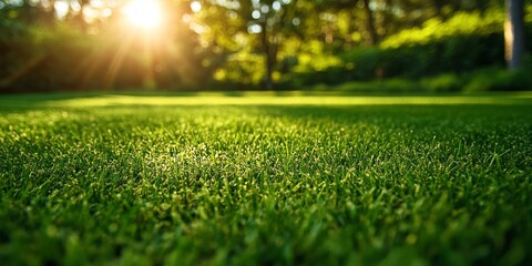 Naklejka premium Lush green lawn bathed in morning light showcases the beauty of a green lawn, inviting tranquility and peace to start the day in this serene green lawn setting.