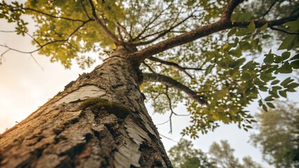 Fototapeta premium Ancient oak tree with gnarled bark stands tall in the heart of a sunlit forest