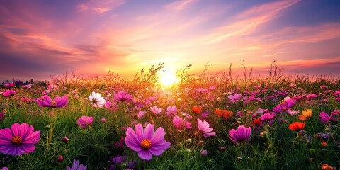 Fototapeta premium Stunning and breathtaking cosmos flower field landscape at sunset, showcasing the beauty of nature. This vibrant cosmos flower scene serves as a captivating nature wallpaper background.