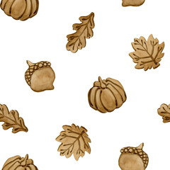 Gingerbread cookies. Autumn leaves, pumpkin and acorn. Leafy crust. Watercolor food seamless pattern on white background