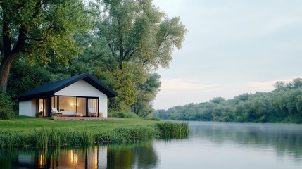 Fototapeta premium Modern lakeside cabin with glass doors, river view.