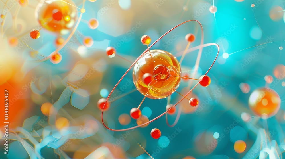 Poster abstract representation of atom or molecule structure with a focus on medical science, 3d illustrati
