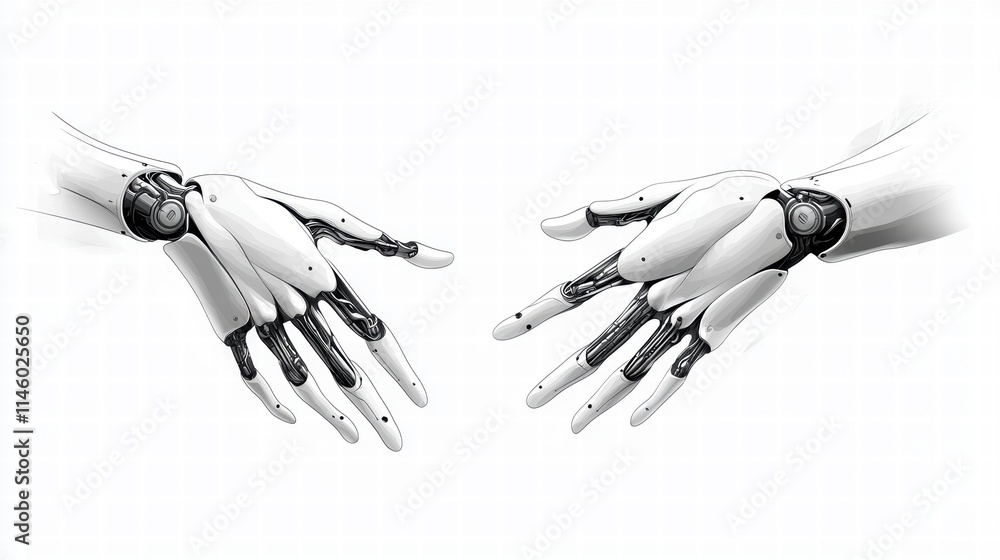 Poster technological interaction robotic hands reaching out studio setting digital art futuristic environme