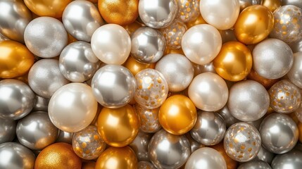 Colorful Assortment of Shiny Decorative Balls in Gold, Silver, and White for Festive Decor or Celebration Backgrounds
