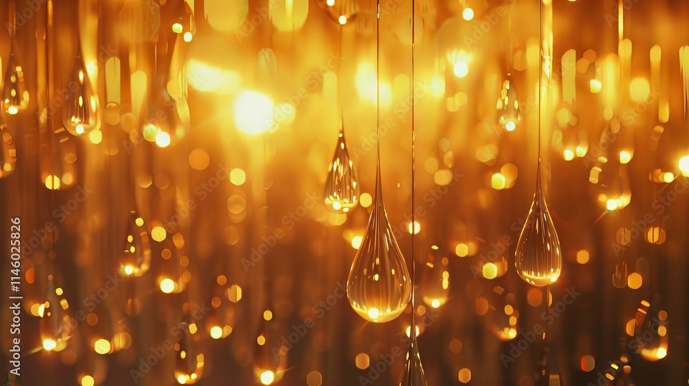 Poster close-up view of glistening water droplets suspended from a glowing ceiling of modern lights, creati