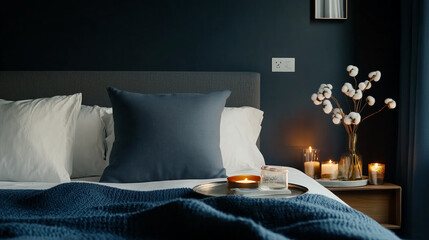 Cozy bedroom with calming decor and soft lighting creating a serene atmosphere for relaxation