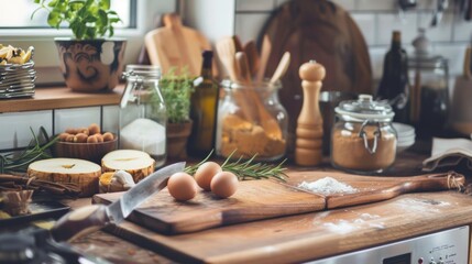 Fototapeta premium Rustic kitchen counter with fresh ingredients and utensils