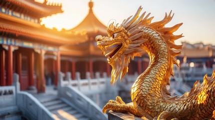 Fototapeta premium A majestic golden dragon statue overlooks ancient architecture, bathed in warm sunlight, evoking a sense of history and cultural significance.