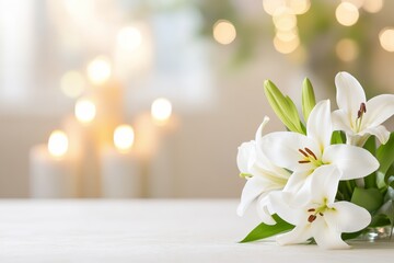 White Lily Bouquet and Candle with Glowing Cross in Church Interior
