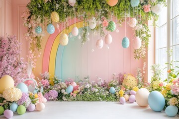 Easter Eggs and Spring Flowers on Light Pastel Textured Background