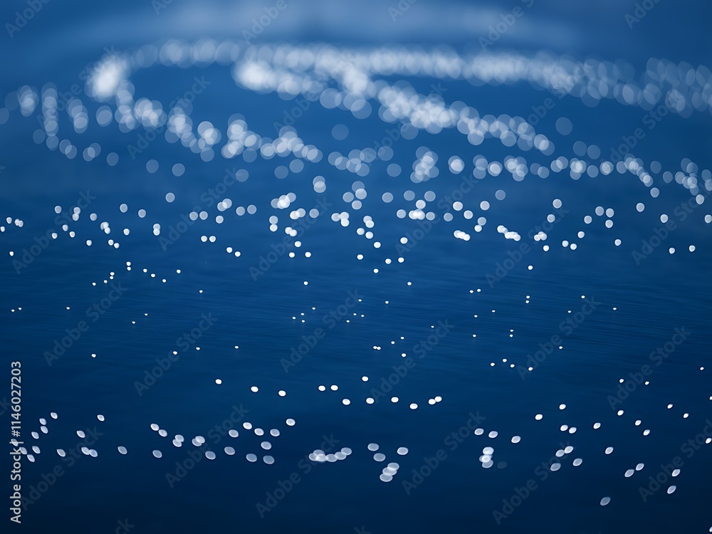 Poster midnight blue background with soft, luminous white points shimmering across the surface. the dots va
