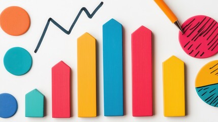 Colorful Bar Graph with Circular Shapes and Marker on White Surface