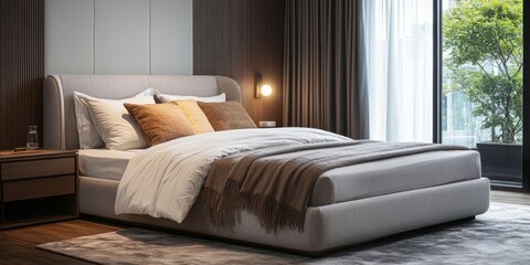 Elegant matrimonial double bed featured in a stylish and comfortable modern bedroom, showcasing a nightstand lamp and interior design details for a cozy atmosphere.