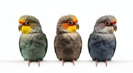 A hyper-realistic, 4K image of three colorful birds perched in a row. The birds have vibrant plumage with different colors, and the background is a solid pure white color, making the colors of the bir